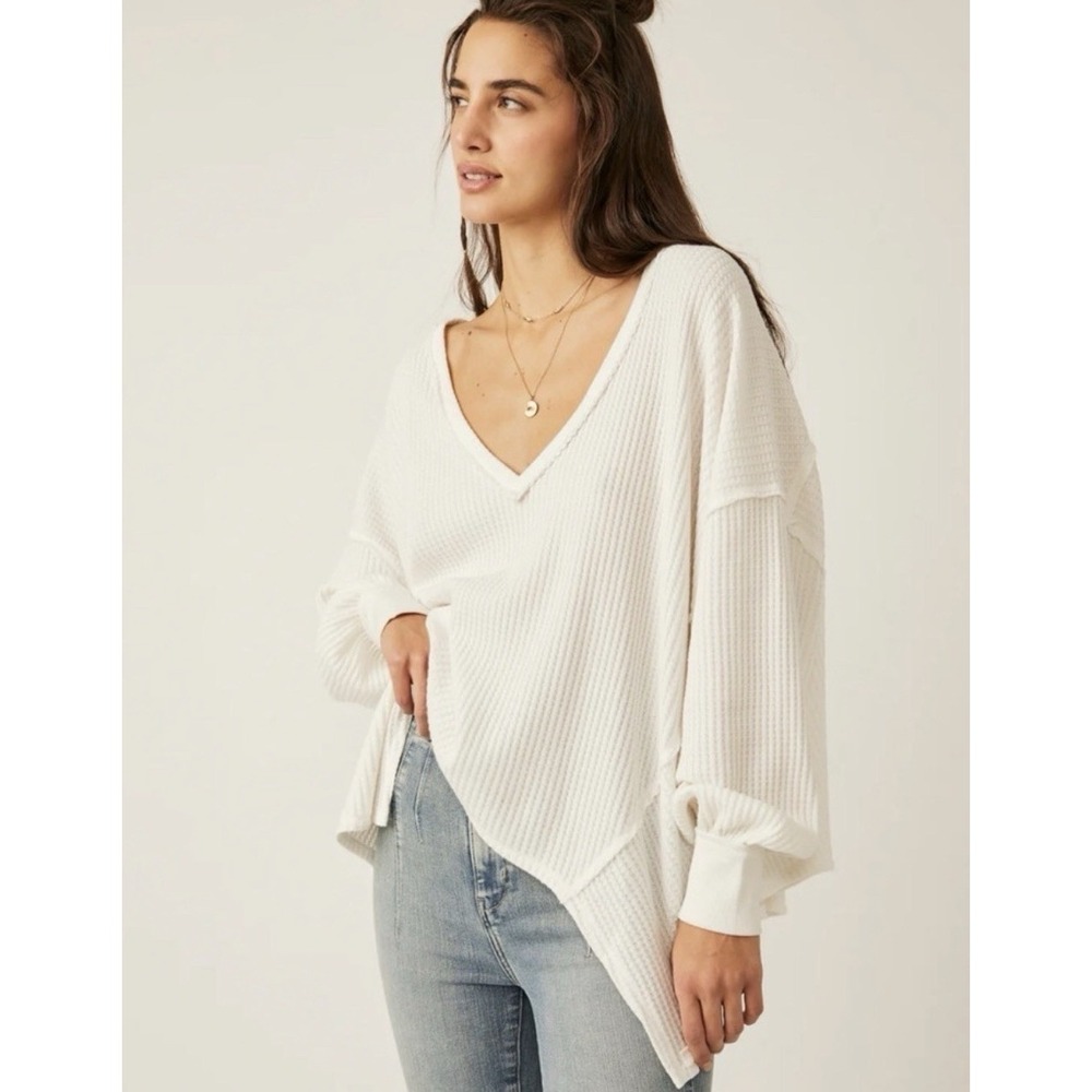 We The‎ Free People Small Coraline Thermal Long Sleeve Oversized Swing Top White